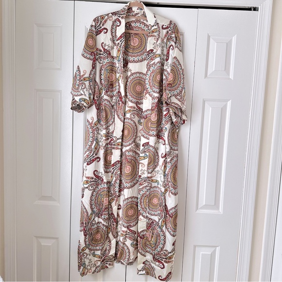 POL Kimono Open Cardigan Duster Cream Satin Lightweight Multicolored Size L - Picture 1 of 9